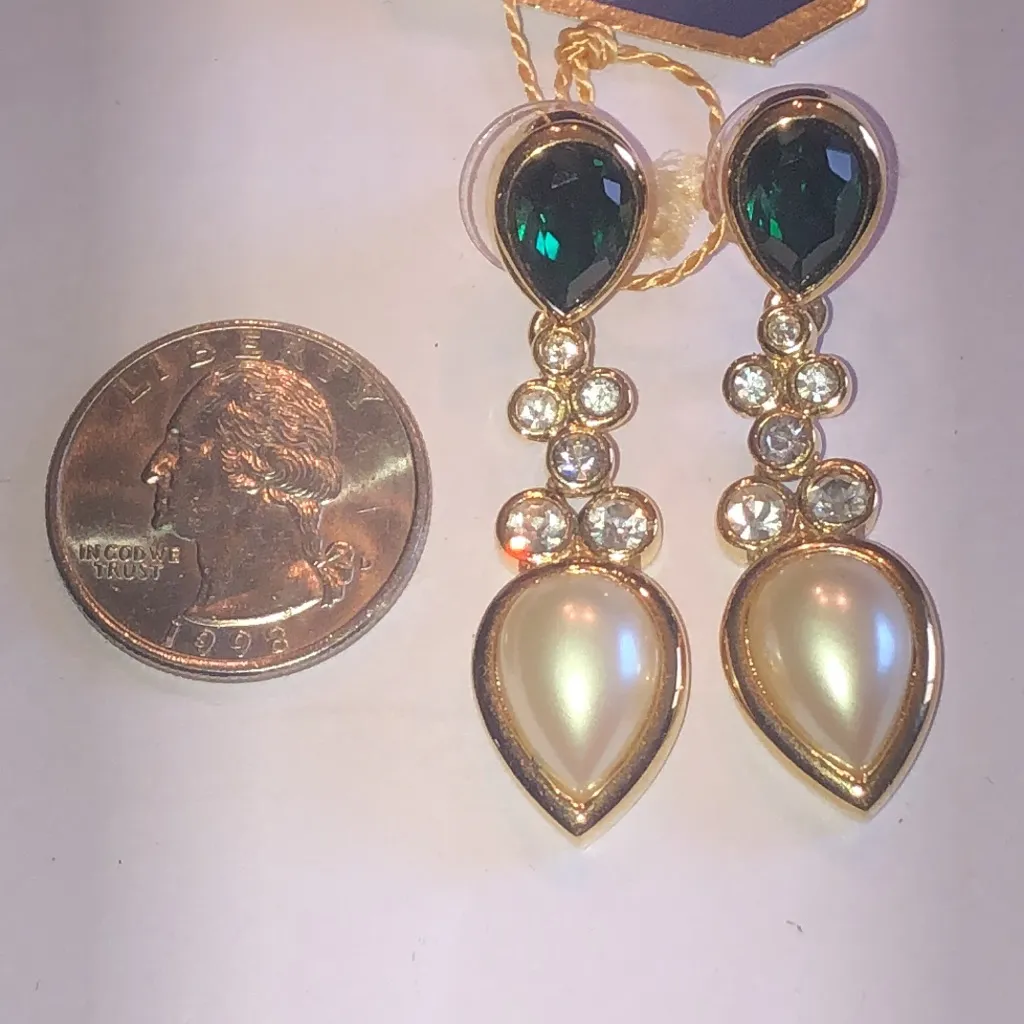 Crystaline Brand Elegant Gold Tone and Green CZ Faux Pearl Drop Earrings - Image 4