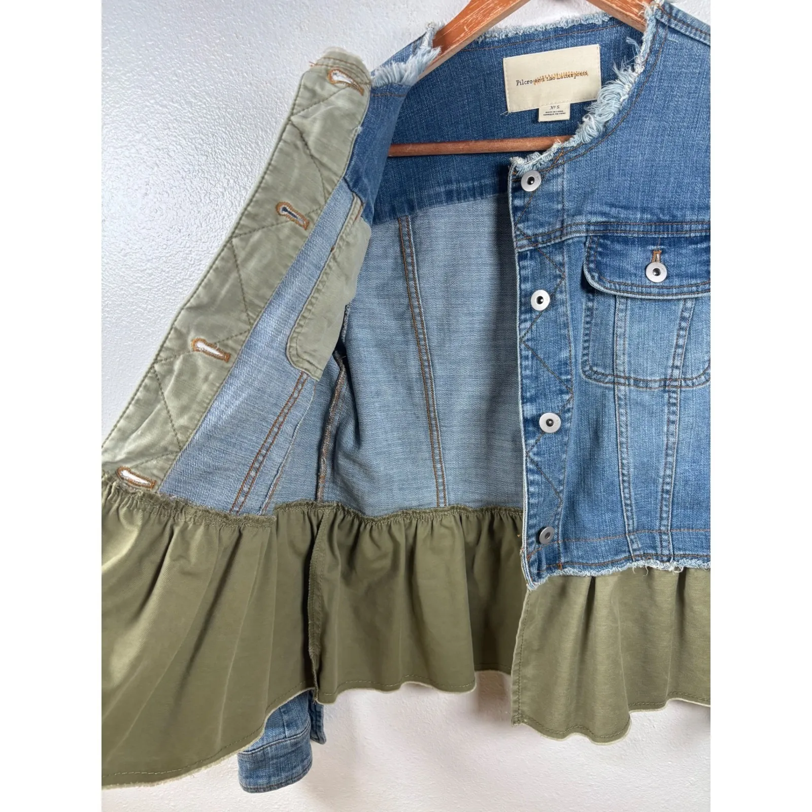 Pilcro and the Letterpress Small Denim Jacket Olive Green Ruffle Hem Womens - Image 11