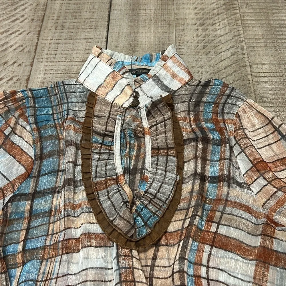 3/$25 Lucy Paris silk woven smocked plaid blouson 3/4 sleeve blouse top - Image 13