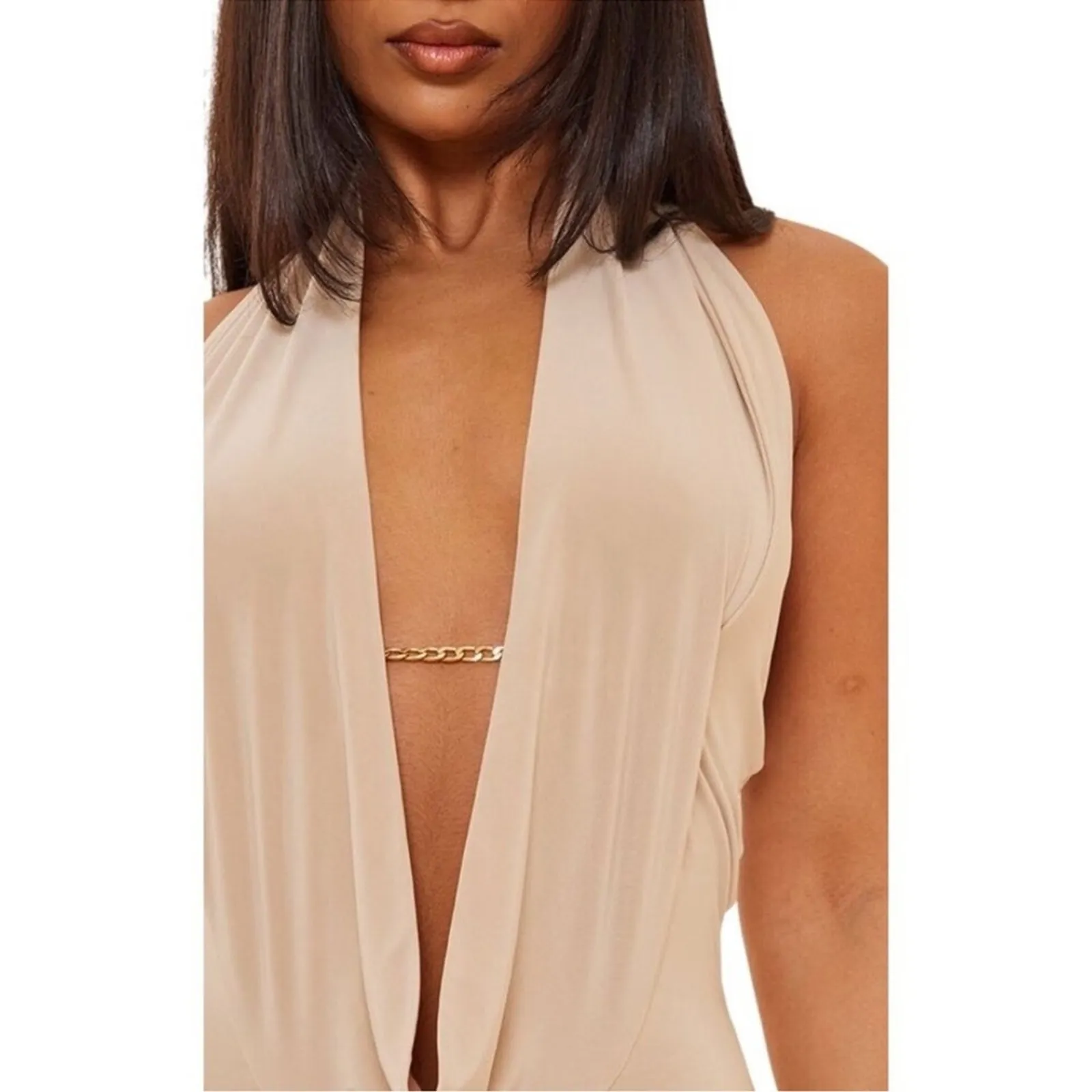 PrettyLittleThing Stone Slinky Cowl Chain Halter Bodycon Dress Size US 2 NWT - Image 8