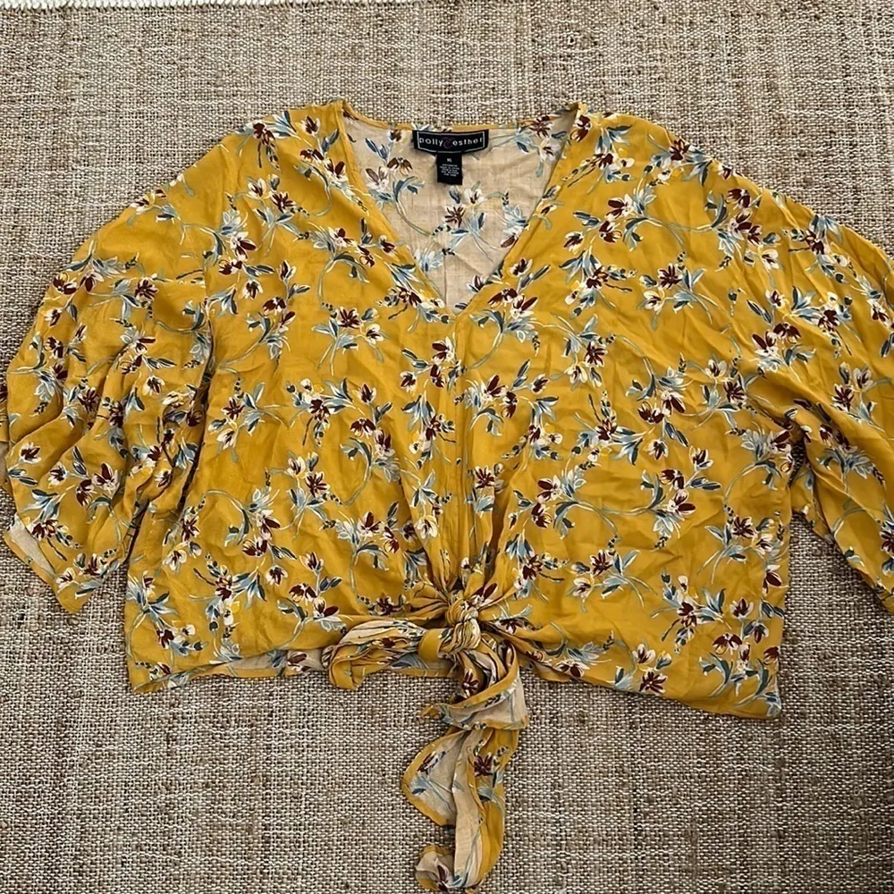 **LAST CALL** Polly & Esther Mustard Yellow Floral Tie Front Blouse XL - Image 2