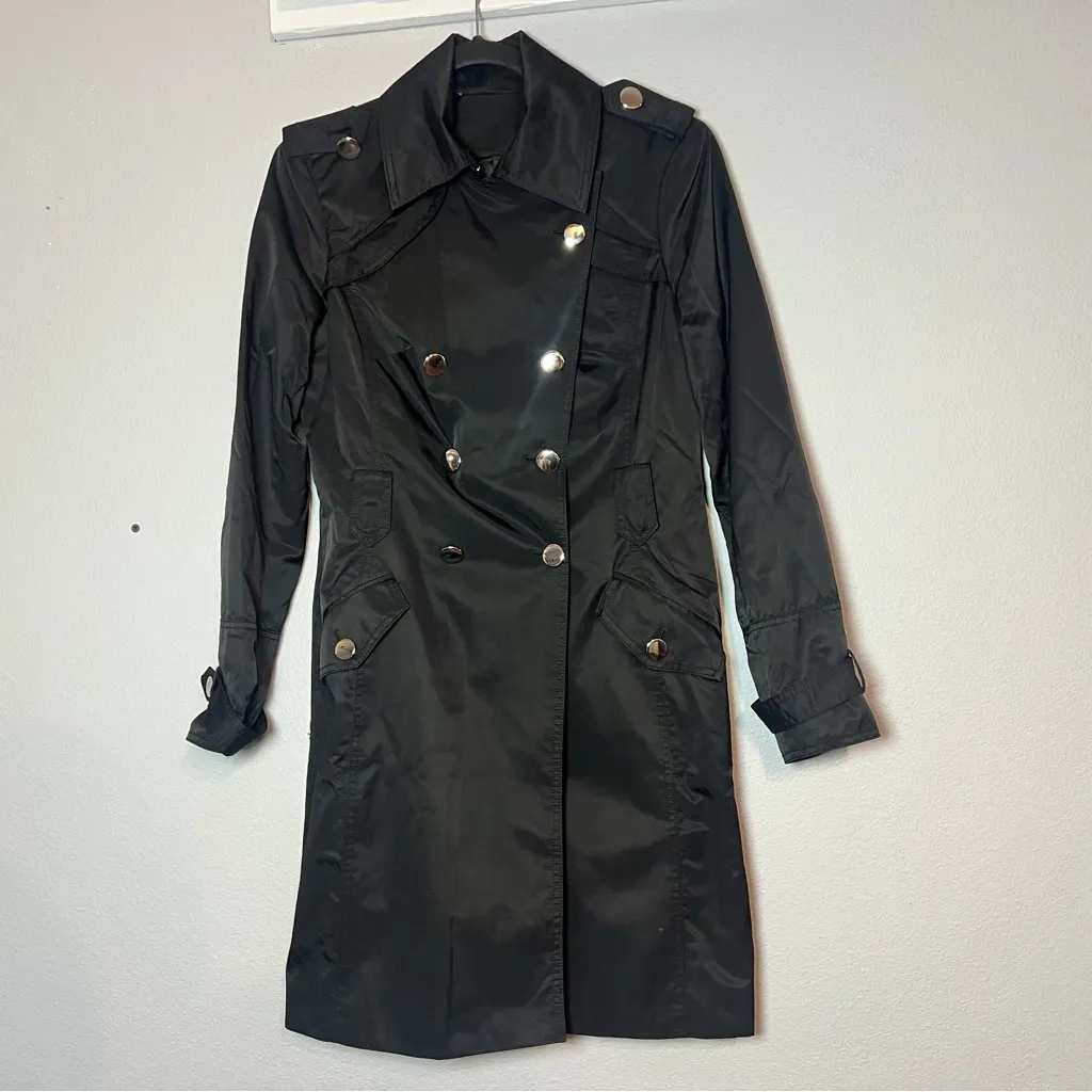 White House Black Market Black Double Breasted Trench Coat Cotton Nylon Size S - Image 5