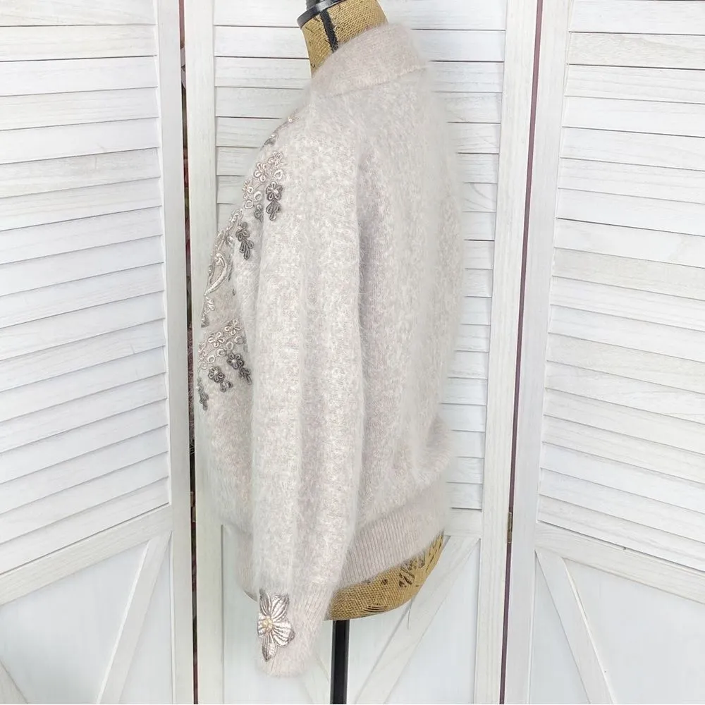 Vintage Su Lim Floral‎ Embroidered Angora Sweater Taupe Pearl Embellished PM Tan Size undefined - Image 2