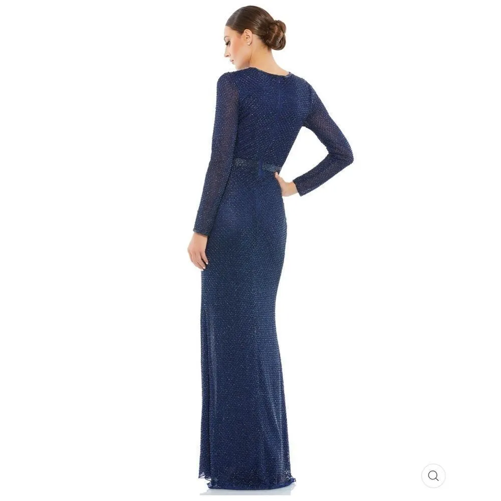 Mac Duggal 5056 Womens Blue BEADED HIGH NECK LONG SLEEVE GOWN WITH DETAILED BELT - Image 5