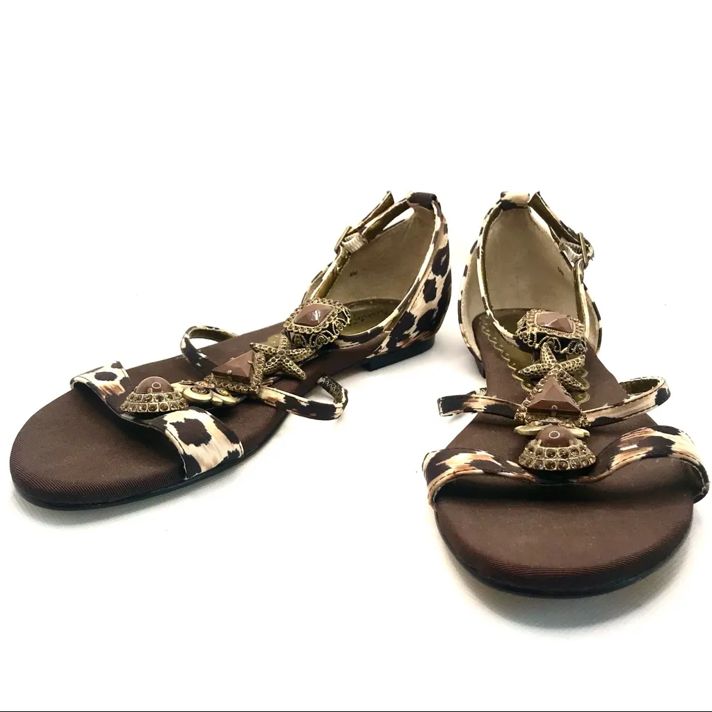 BEVERLY FELDMAN JEWELED ANIMAL PRINT AND OCEAN THEMED BROWN SANDALS (6) - Image 5