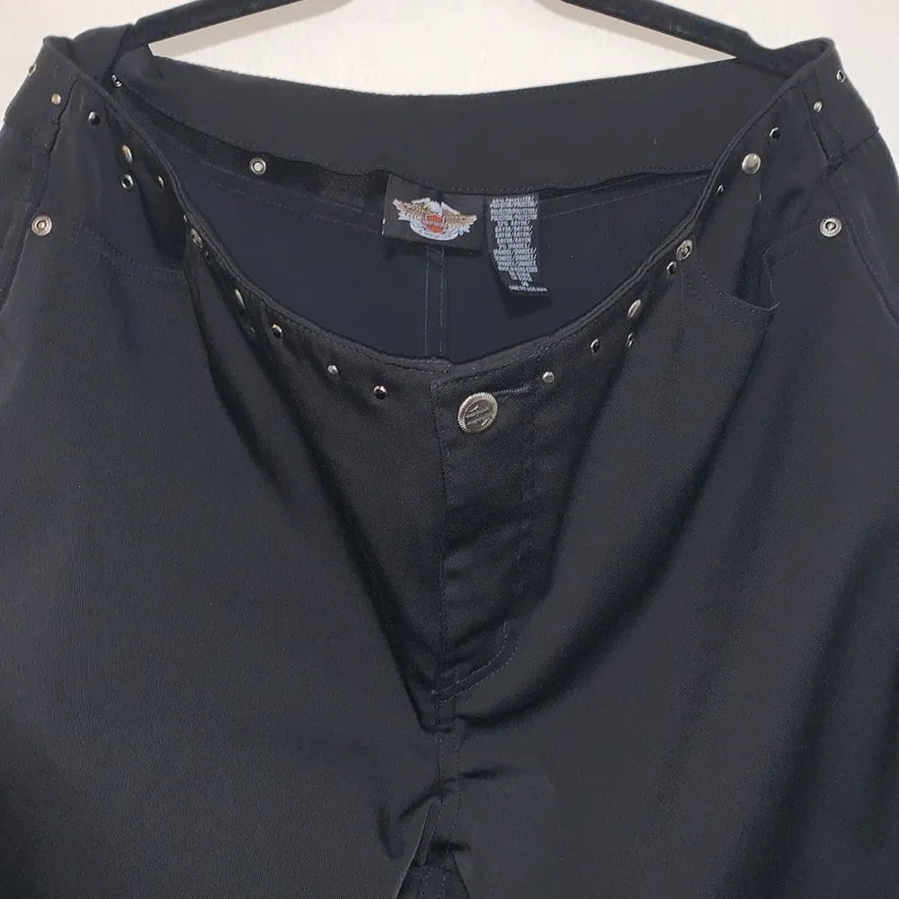 Harley Davidson black woman bootcut pants size 14 jeweled at waistline 32” long - Image 3