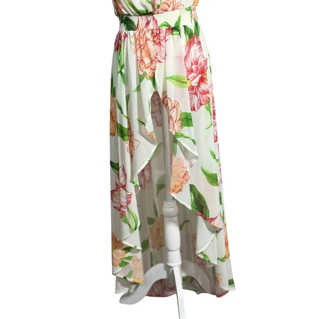 NEW Fabrik Floral High-Low Maxi Dress L Womens Bohemian Short Sleeves White Pink - Image 3
