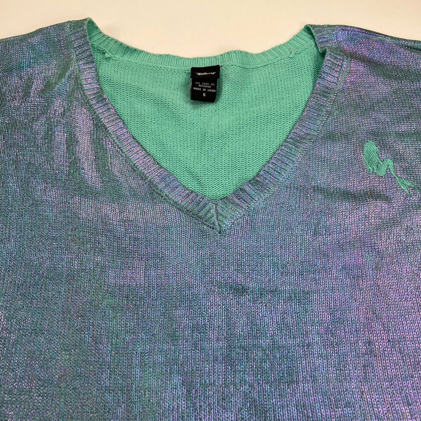 Disney Little Mermaid Iridescent Coated V-Neck Sweater Turquoise Lilac Size 5X - Image 6