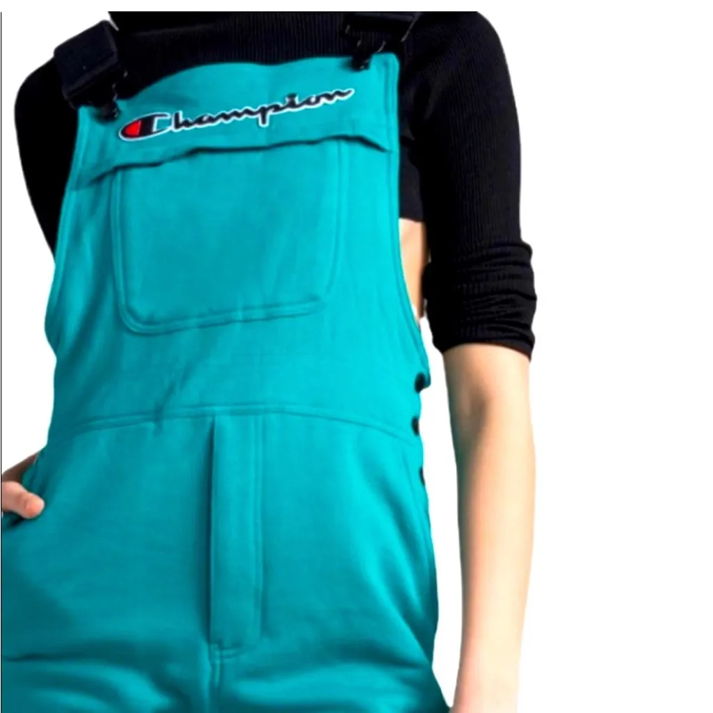 CHAMPION Unisex Reverse Weave French Terry Shortall Overalls Teal Sz Small 90s - Image 2