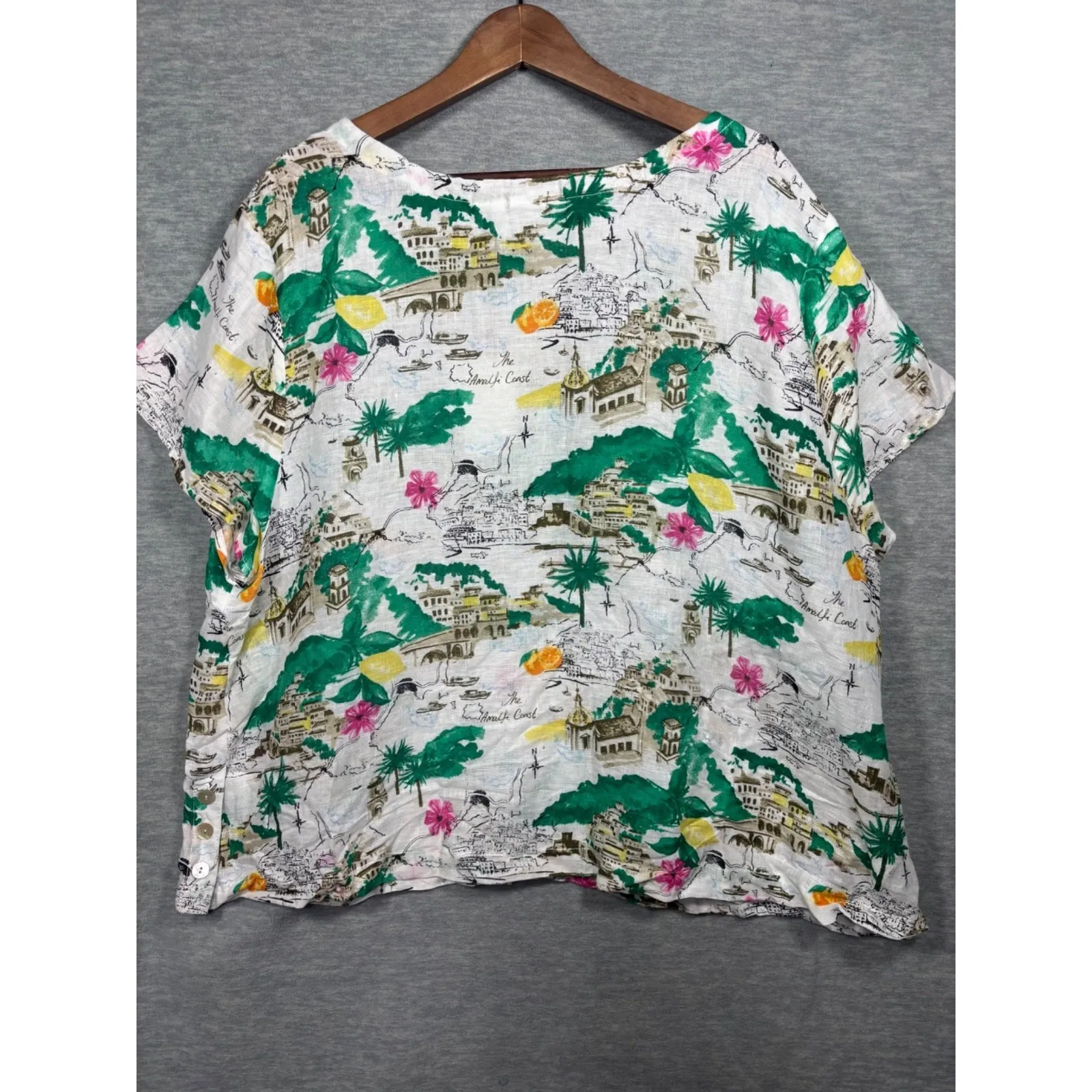 Cynthia Rowley Womens 3X Linen Top Amalfi Coast Print Short Sleeve Button Detail - Image 3