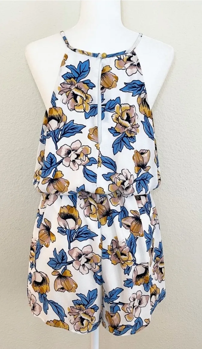 J for Justify Floral Romper Halter Keyhole Sleeveless White Blue Yellow L NWOT - Image 1