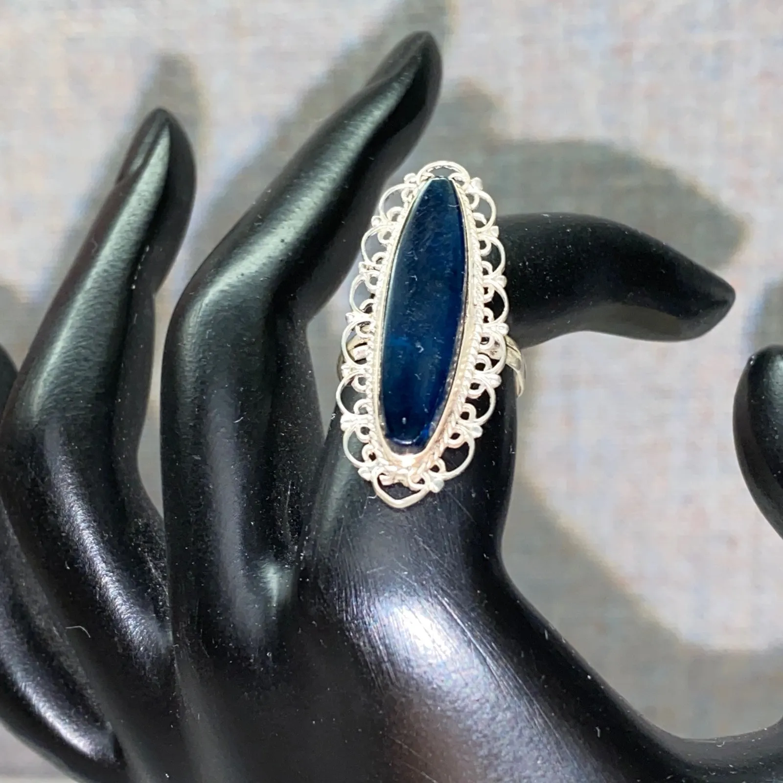 Vintage Sterling Silver Oval Blue Glass Filigree Ring Mexico 925 Old Money - Image 5