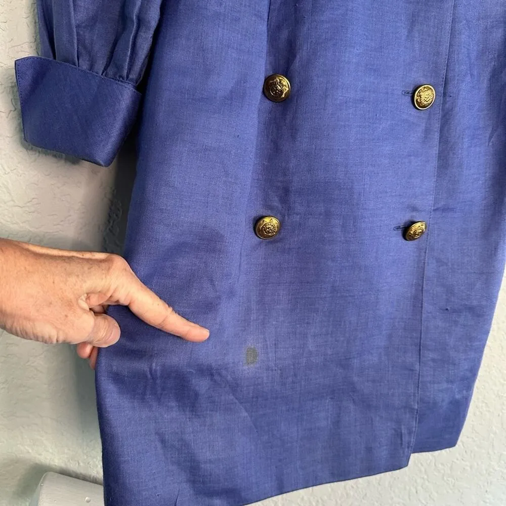 Vintage 80s Le Crillon Linen Dress Blue Sailor Size 4 Shoulder Pads Dynasty - Image 9