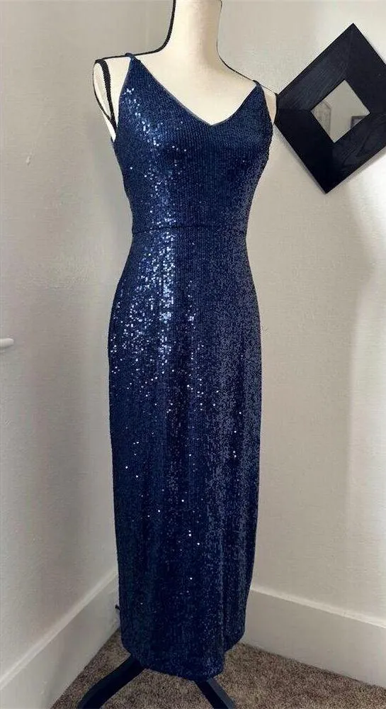 Donna Morgan Navy Blue Sequin V-Neck Midi Dress Womens Size 2 Formal Slit - Image 5