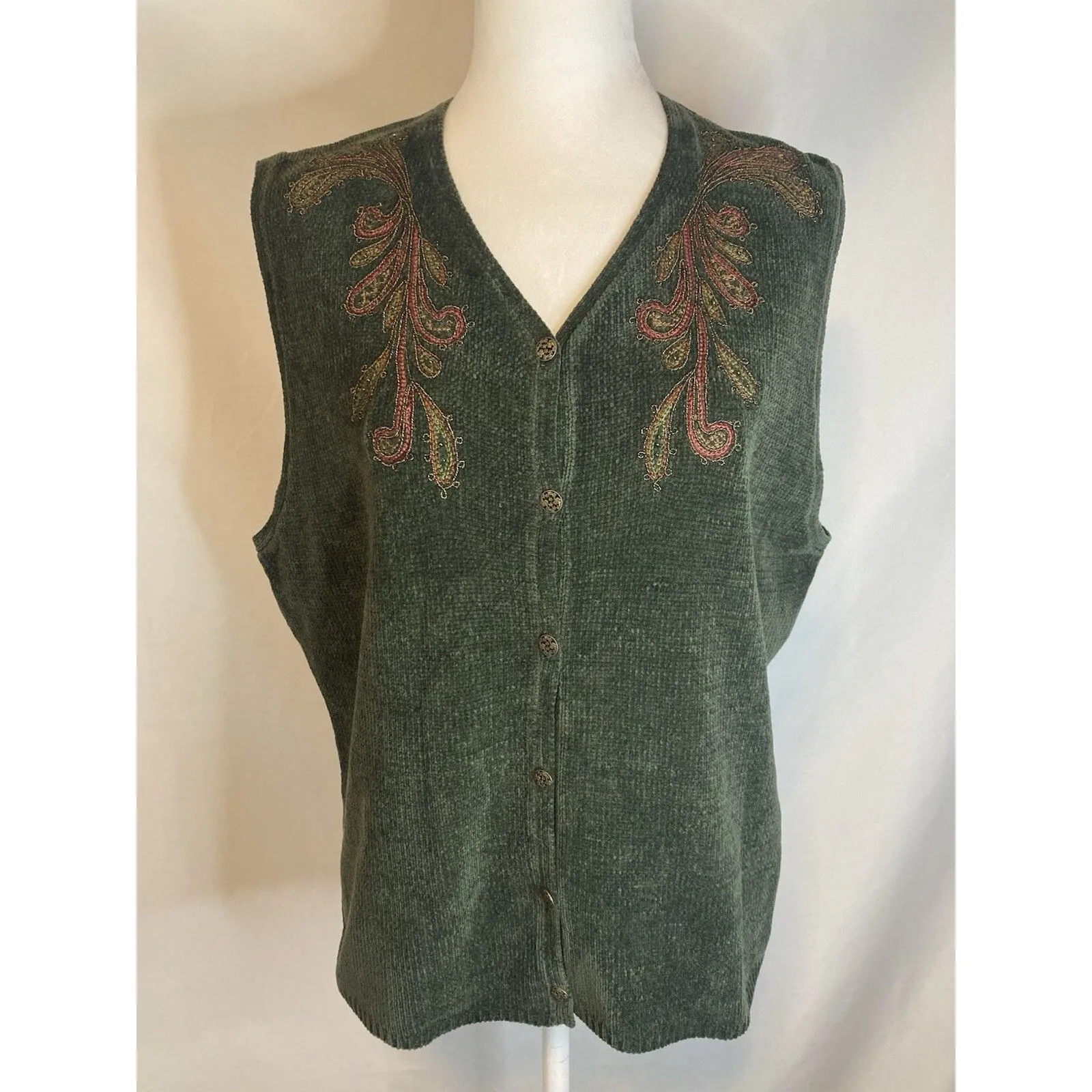 Cottagecore Cabin Granny Embroidered Sweater Vest L Green Lagenlook Vintage Size L - Image 2