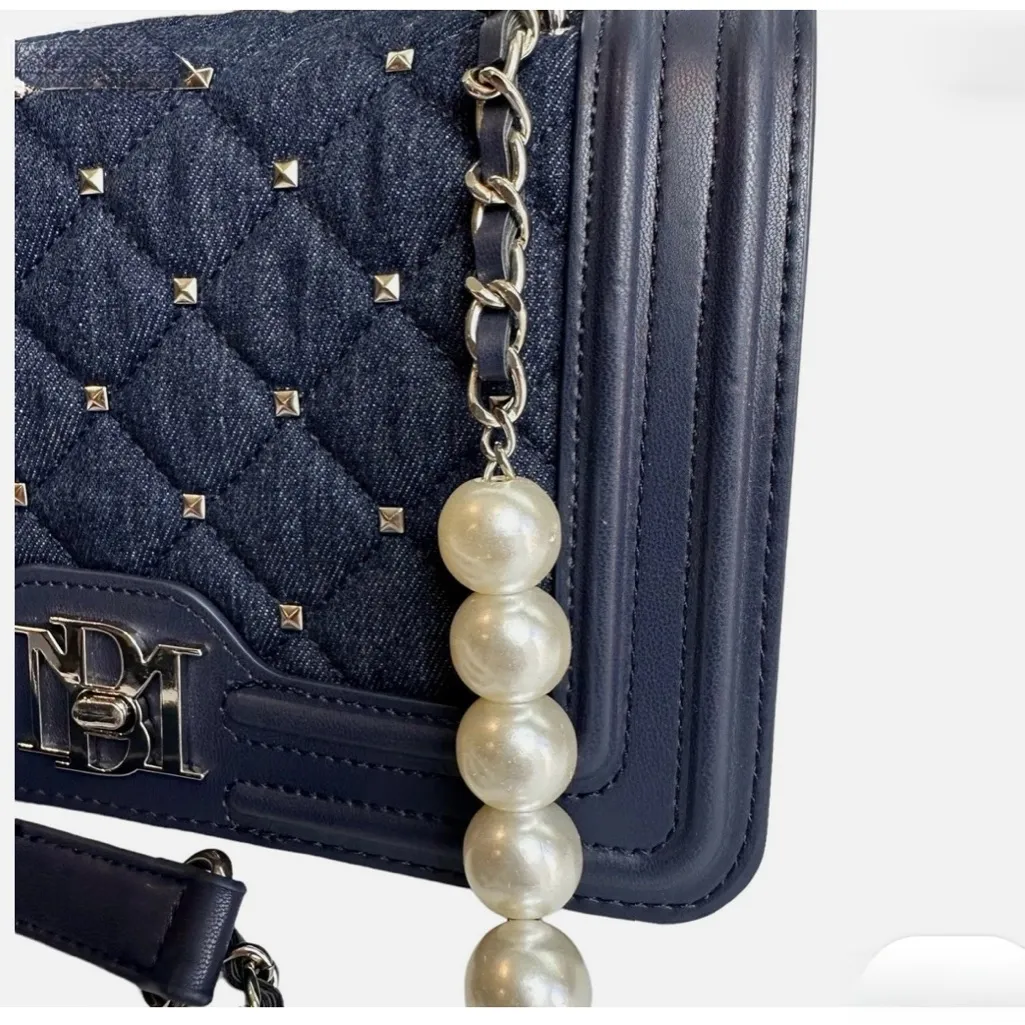 Badgley Mischka Denim Diamond Quilted Crossbody Bag Purse w/Faux Pearls NWT - Image 3