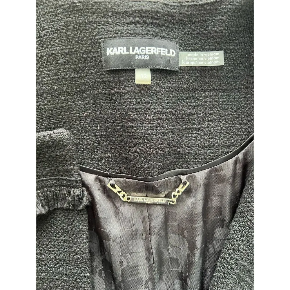 Karl Lagerfeld Women's Black Tweed Jacket Size 12 Fringe Detail - Image 5