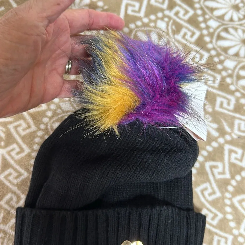 BETSEY JOHNSON RAINBOW POM POM BEANIE HAT HEART LOGO NWT - Image 2