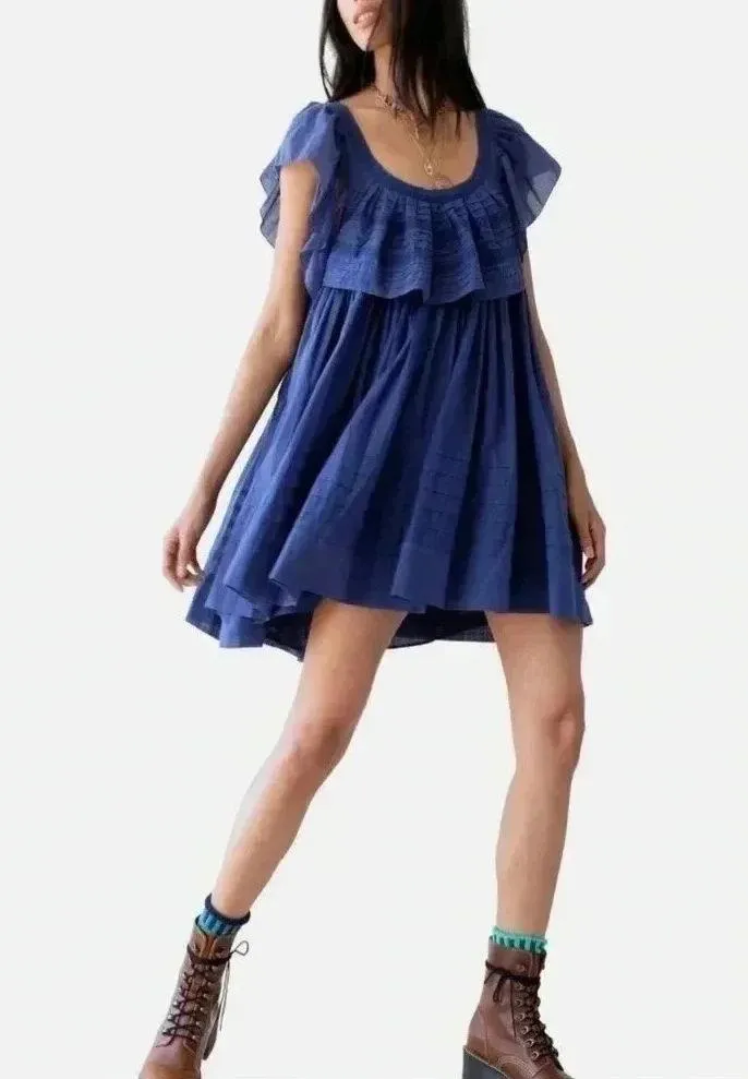 Free People Women's Hailey Cotton Ruffle Short Sleeve Mini Dress Navy M $148 NWT - Image 2