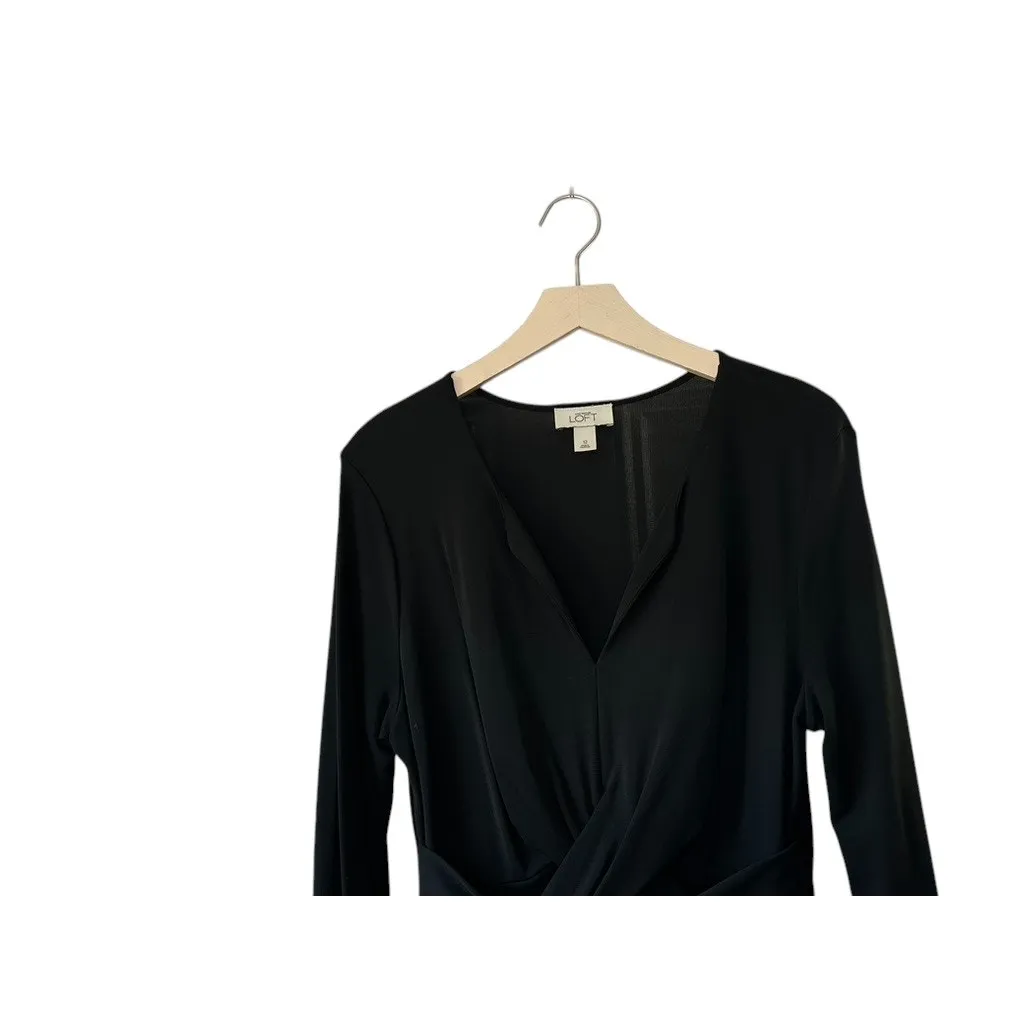 Ann Taylor LOFT Black Long Sleeve V-Neck Criss Cross Waist Midi Dress Women's 12 - Image 3