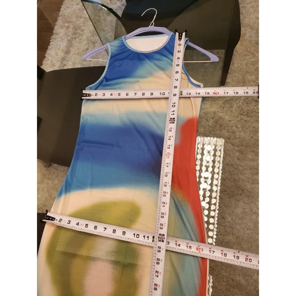 Womens Multi Tie Dye Cotton Side Slit Crew Neck Sleeveless Long Maxi Dress Small - Image 11