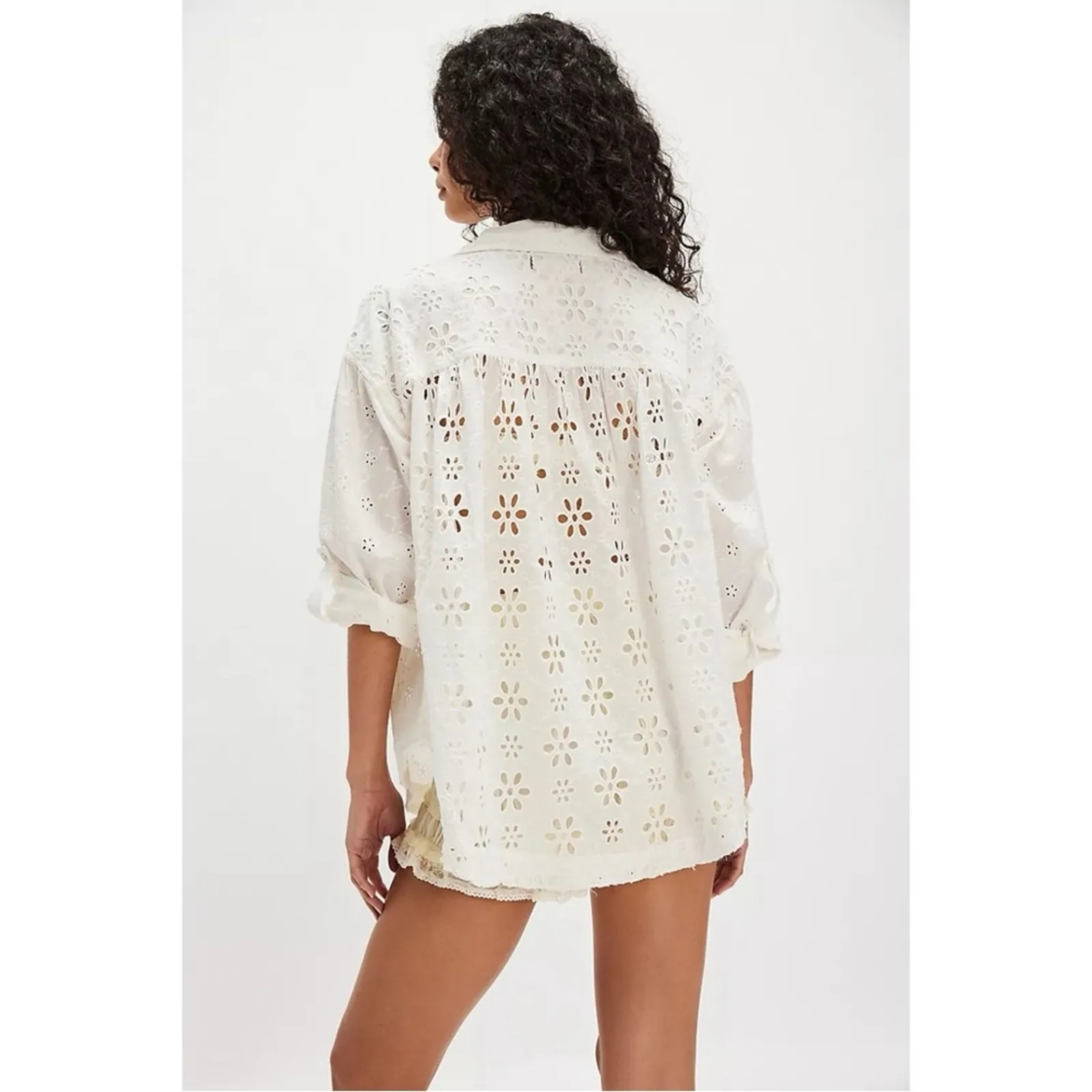 Free People Dainty Ethereal Cottage Mae Washed Eyelet Shirt in White Size XL - Image 7