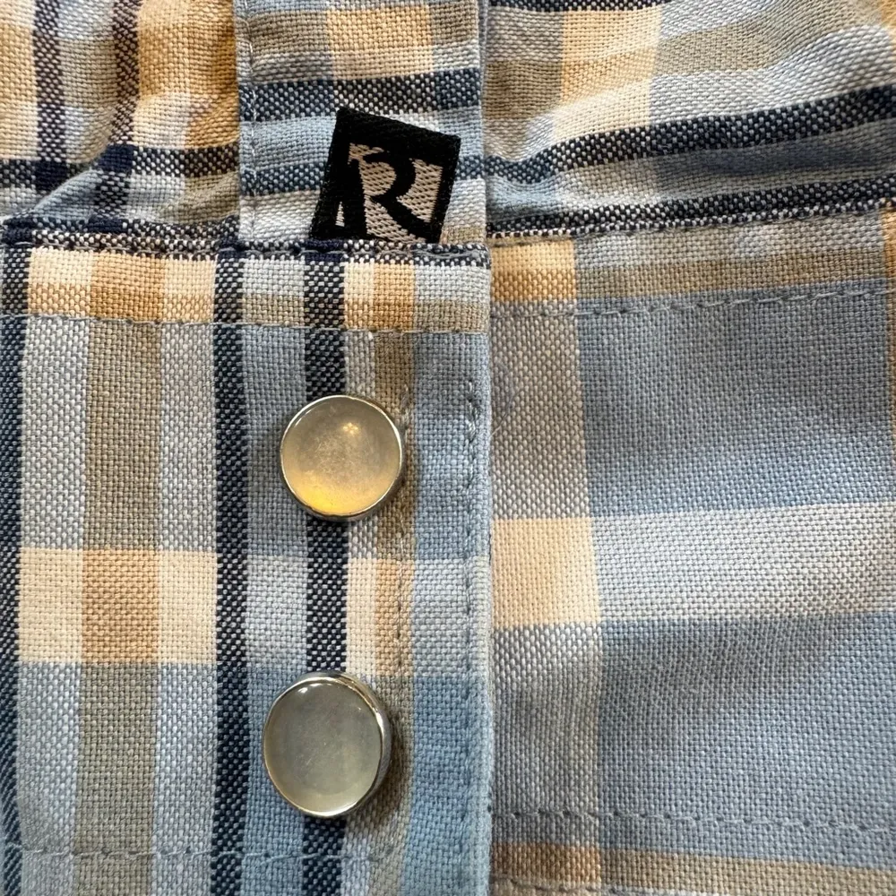 NWOT Women’s Rockies Western Yoke Pearl Snap Plaid Shirt XL Blue Tan - Image 4