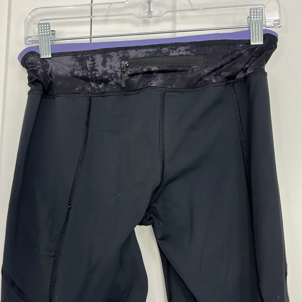 Lululemon Size 8 Black, Purple Crop Ruffle Ankle Trim Leggings with Zip Pocket - Image 5