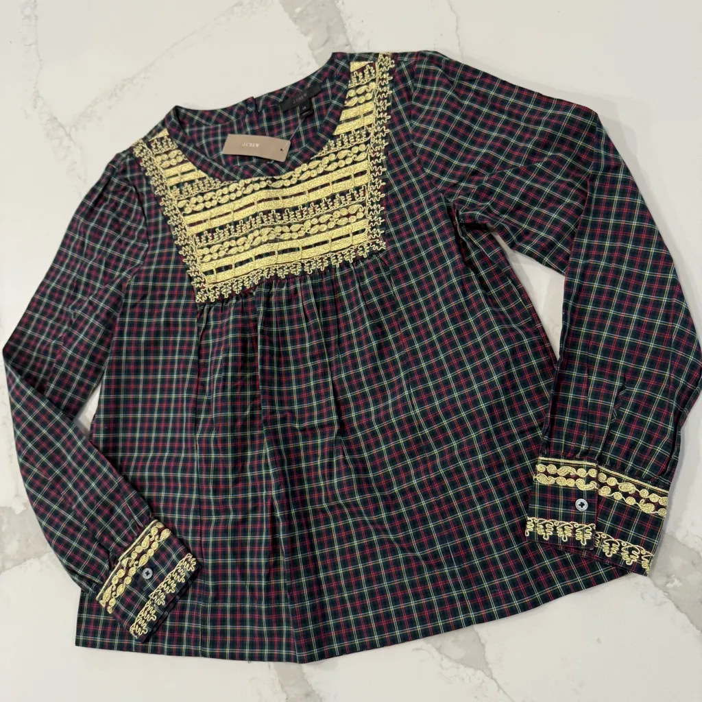 J. Crew NWT Embroidered Gilded Plaid Peasant Holiday Top Women’s XS Red/Green - Image 4