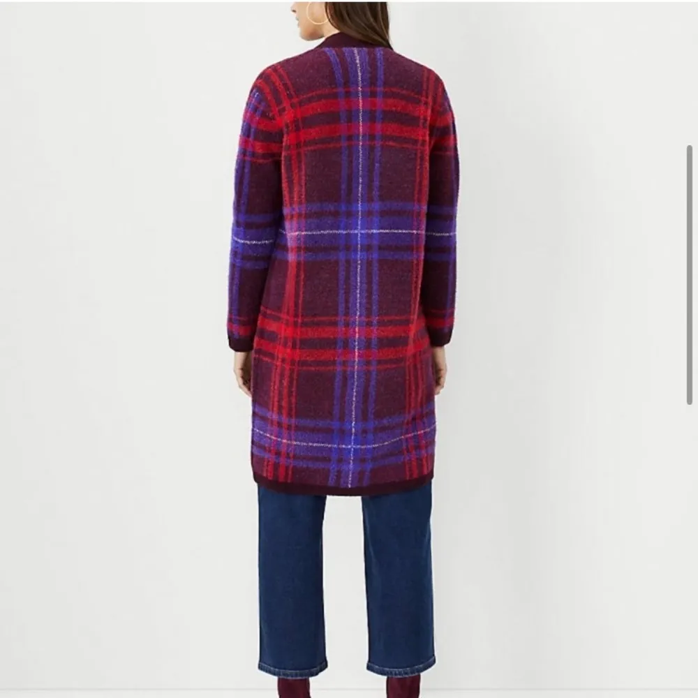 Ann Taylor Cardigan Sweater Plaid Maroon Blue Red Coat Long Medium Petite - Image 2