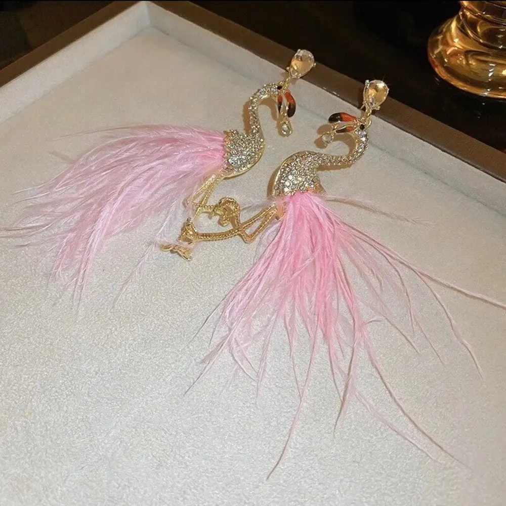 Pink Flamingo Bird Drop Earrings For Women Bohemian Feather Long Tassel Earrings - Image 4