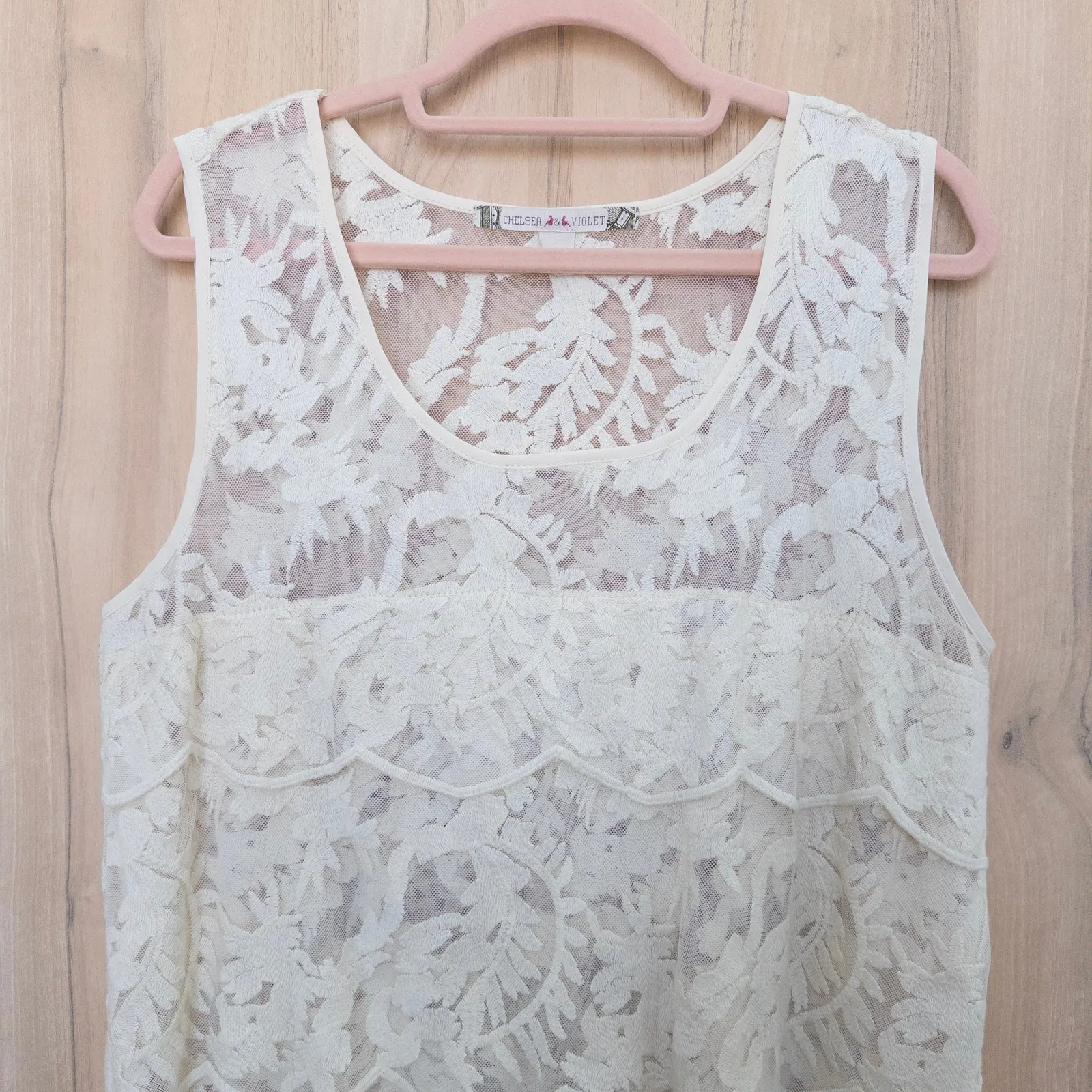 Chelsea Violet Womens Lace Sheer Blouse Size‎ L Cream Sleeveless Boho Cottage - Image 2