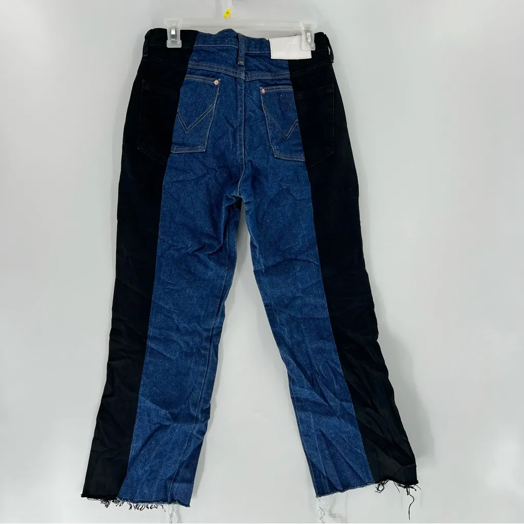 E.L.V. Denim Two Tone Black Blue High Waist Straight Raw Hem Jeans 28 - Image 4