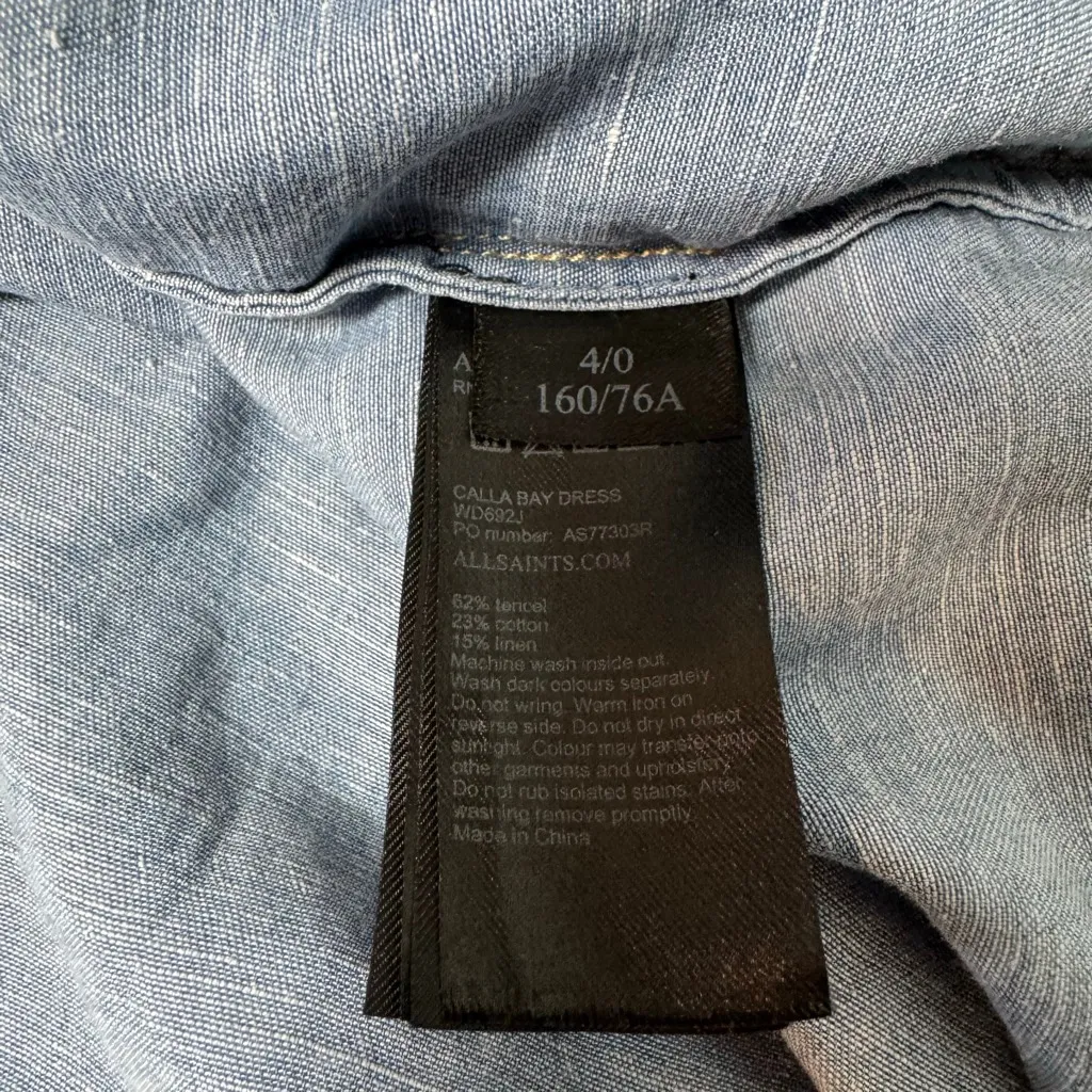 AllSaints Calla Bay Dress US 0 Blue Denim Chambray Short Sleeve Palm Tree - Image 6
