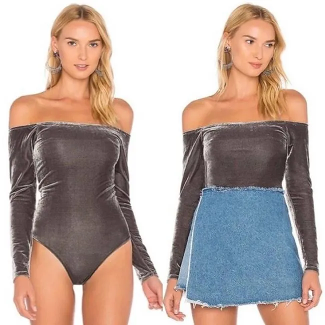 x Revolve Bodysuit Camellia Off The Shoulder Velvet in Ash Gray S - Image 3
