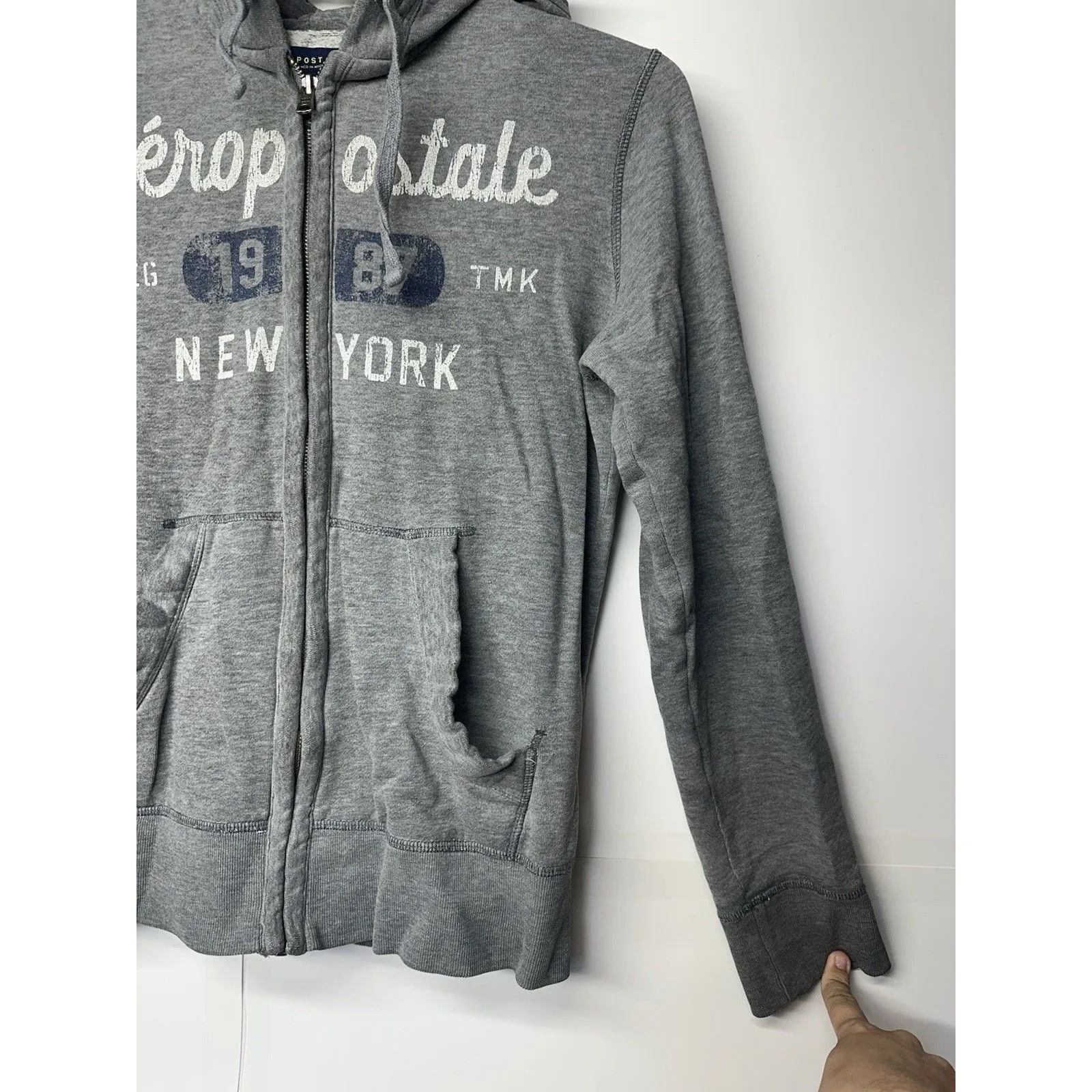 Aéropostale Women's Hoodie Sweatshirt Sz S Light Gray Full Zip Logo NY 1987 - Image 8