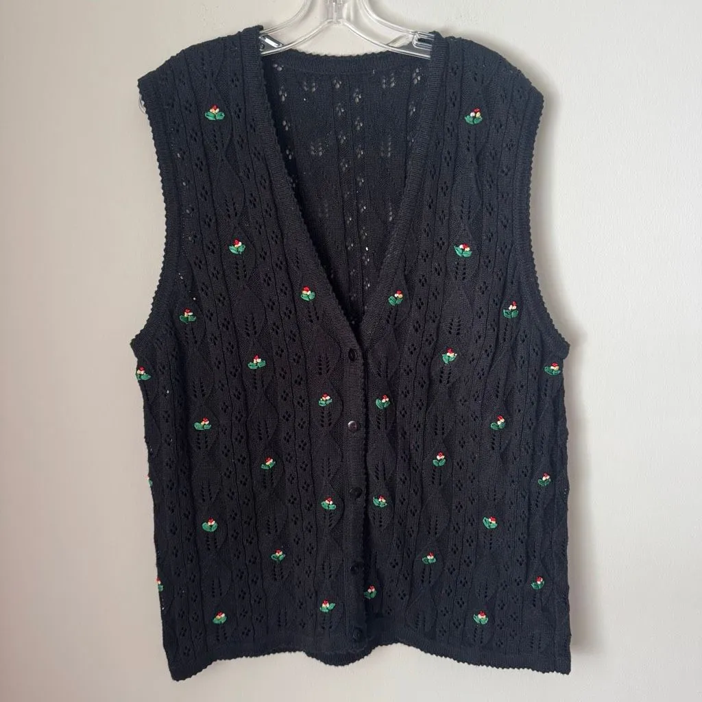 Vintage Cottage Core Crotchet Knit Sweater Vest Cardigan Black With Embroidery Red Size XL - Image 3