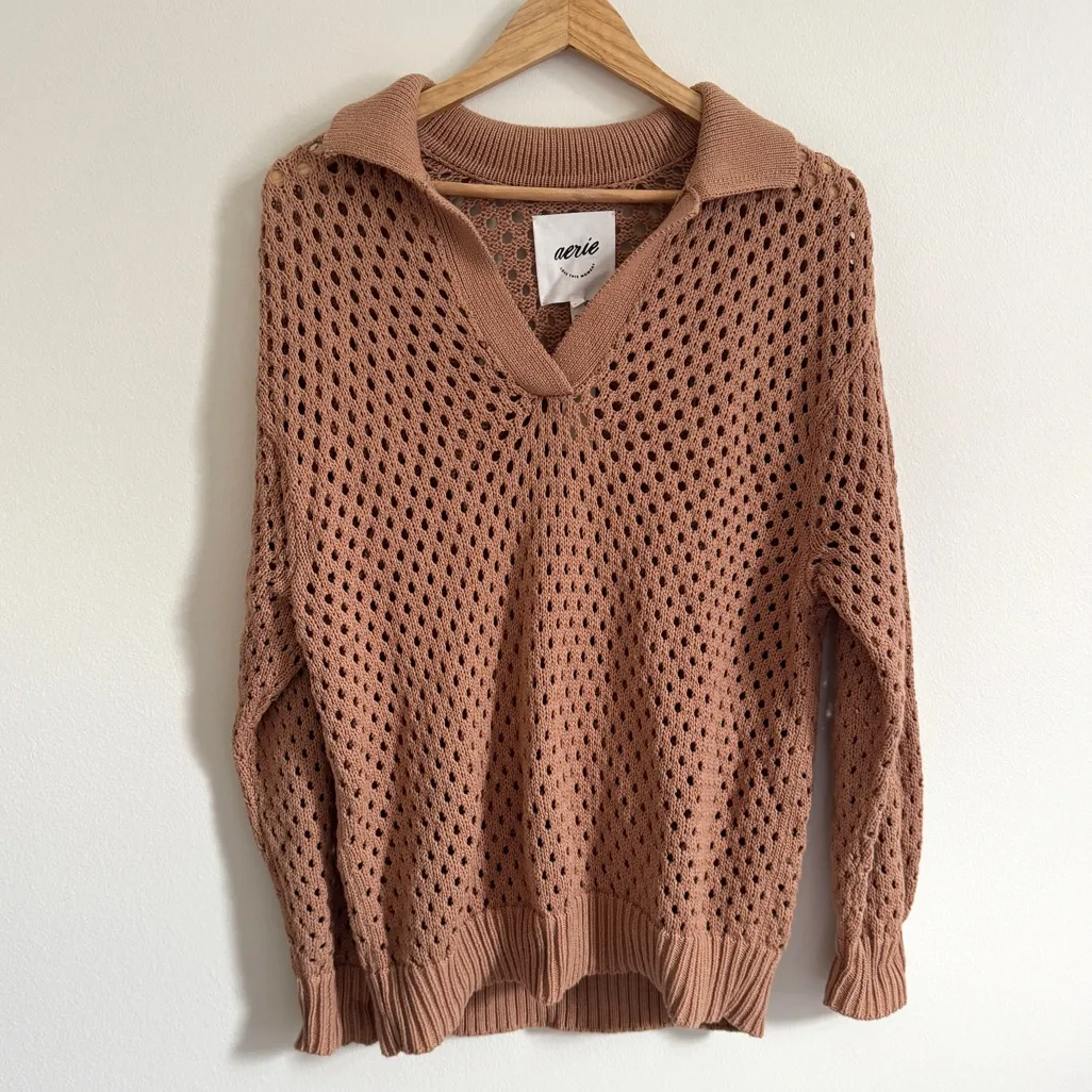 NWT Aerie Oversized Open Knit Polo Sweater in Tan Women’s Size Large 100% Cotton - Image 2
