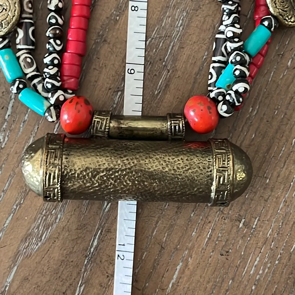 Bajalia Faux Coral Turquoise‎ & Brass Necklace Bracelet Earrings Red - Image 9