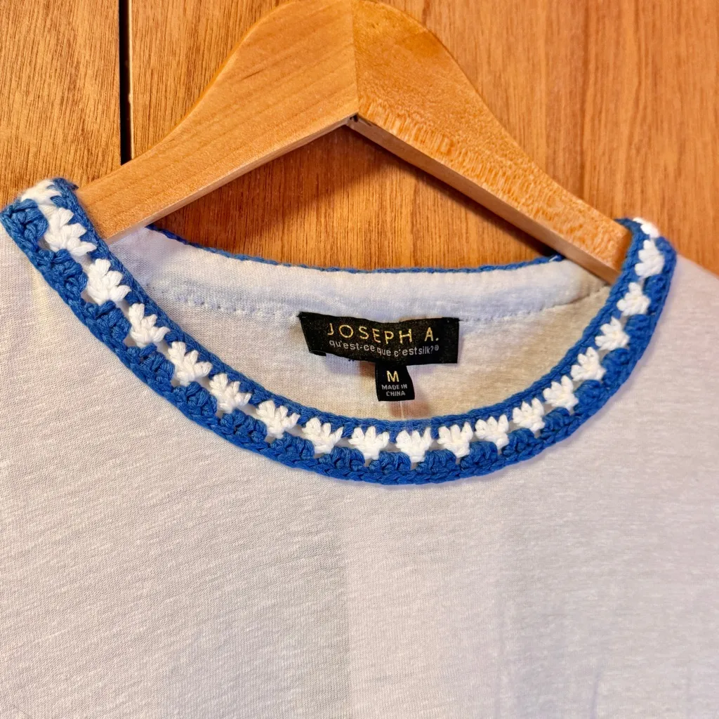 Joseph A Womens Short Sleeve Pocket Tee Retro Crochet Collar Cuff Linen White M - Image 4