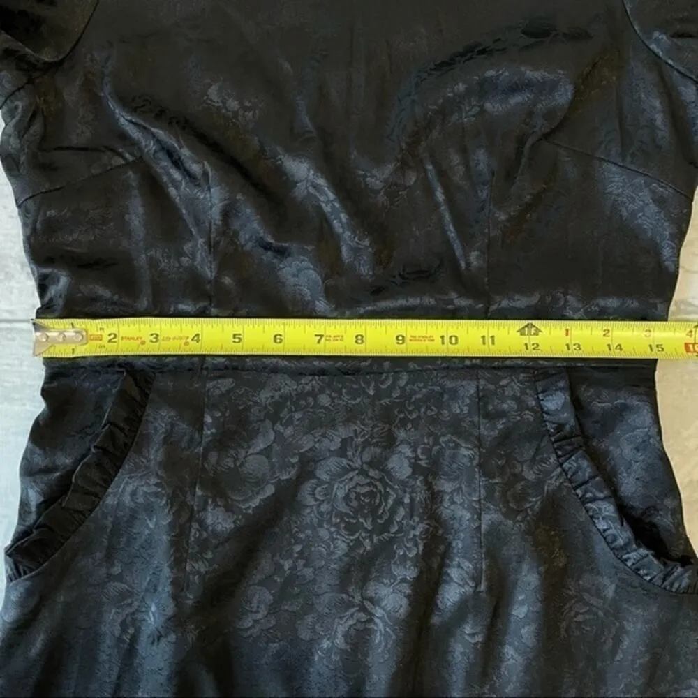 Lulus Black Short Dress Medium Pockets Ruffle Embossed Roses - Image 7