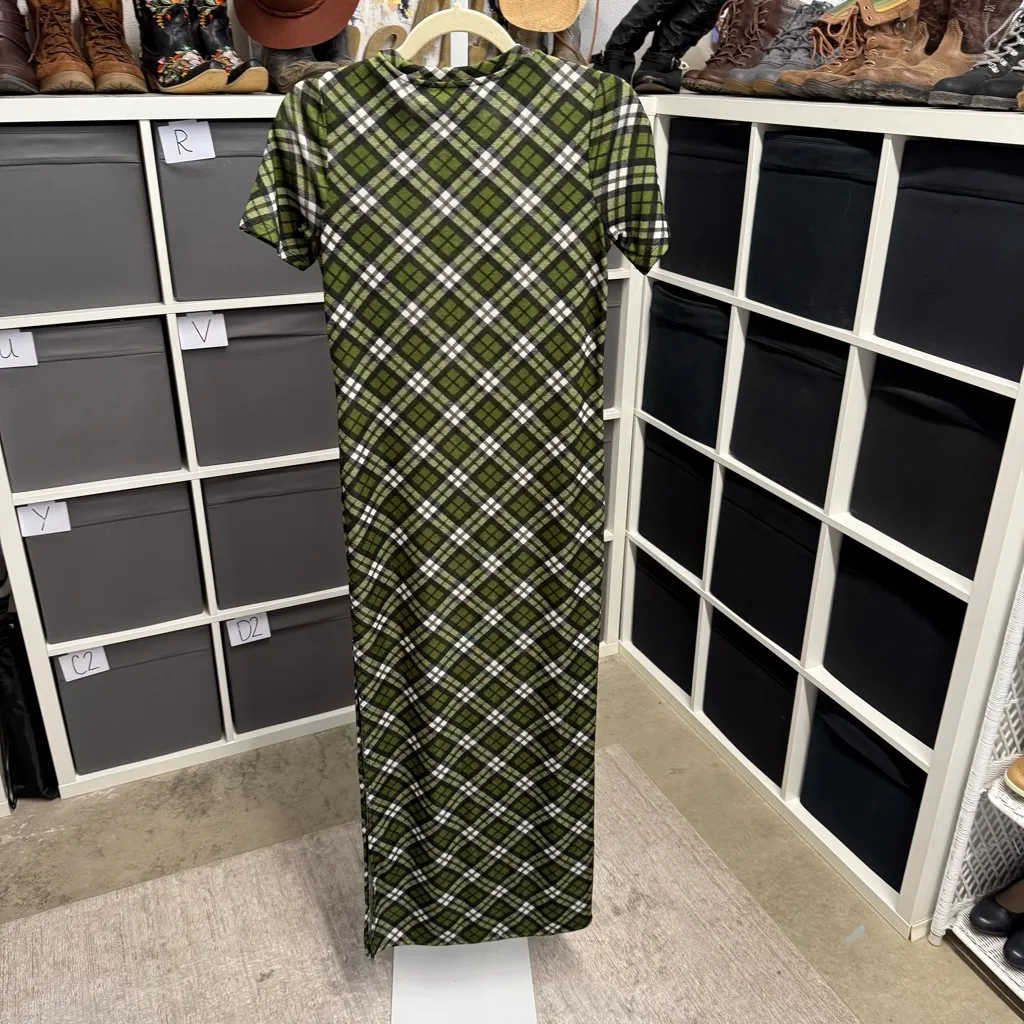 Michael Michael Kors Green Plaid Maxi Slit Side Sleeveless Shift Dress - Image 2