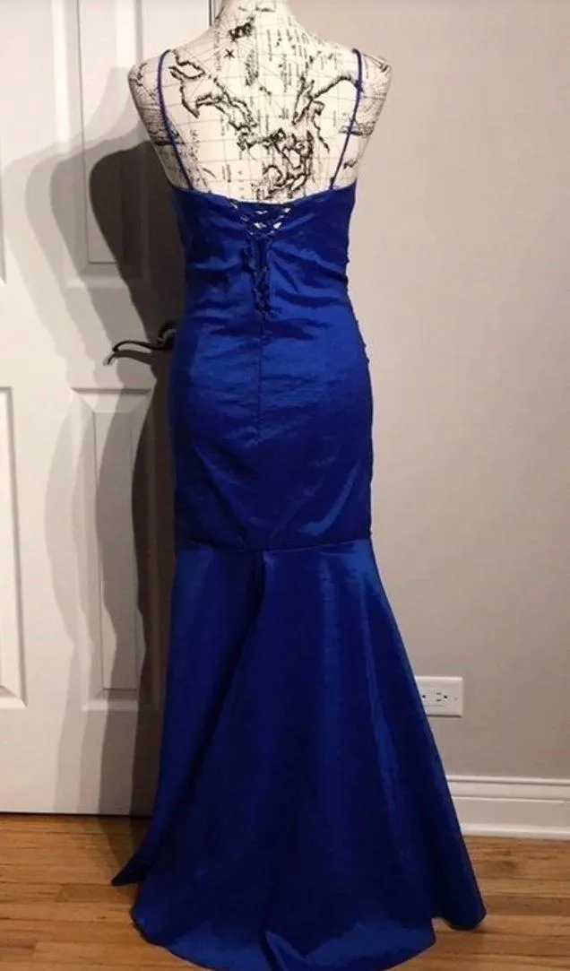 Taffeta Holographic Iridescent Bodice Mermaid Draped Gown Prom Blue - Image 3