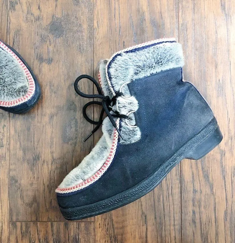 Yodelers • vintage 70s fur trimmed boots black suede faux fur lace up ankle Size 6.5 - Image 9