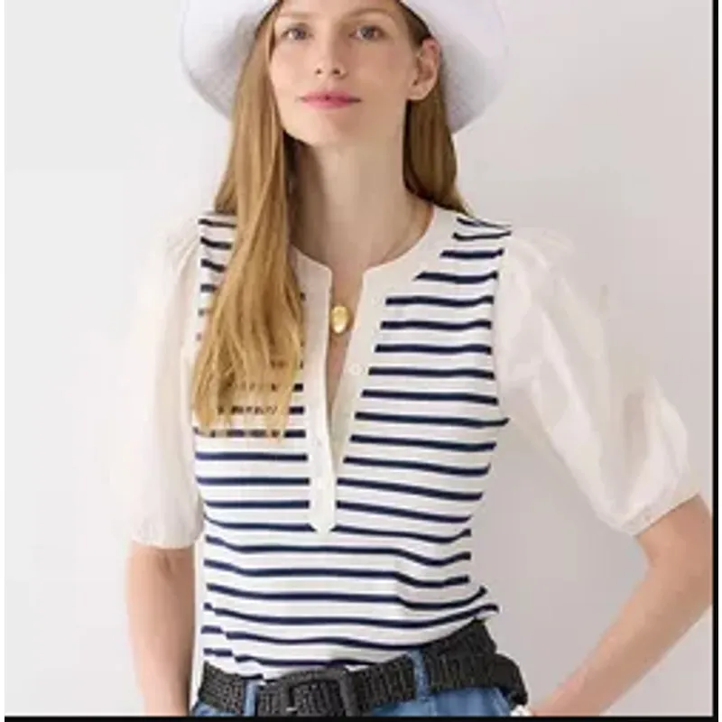 J. Crew Vintage Rib Puff Sleeve‎ Henley Top White Blue Size Small - Image 2