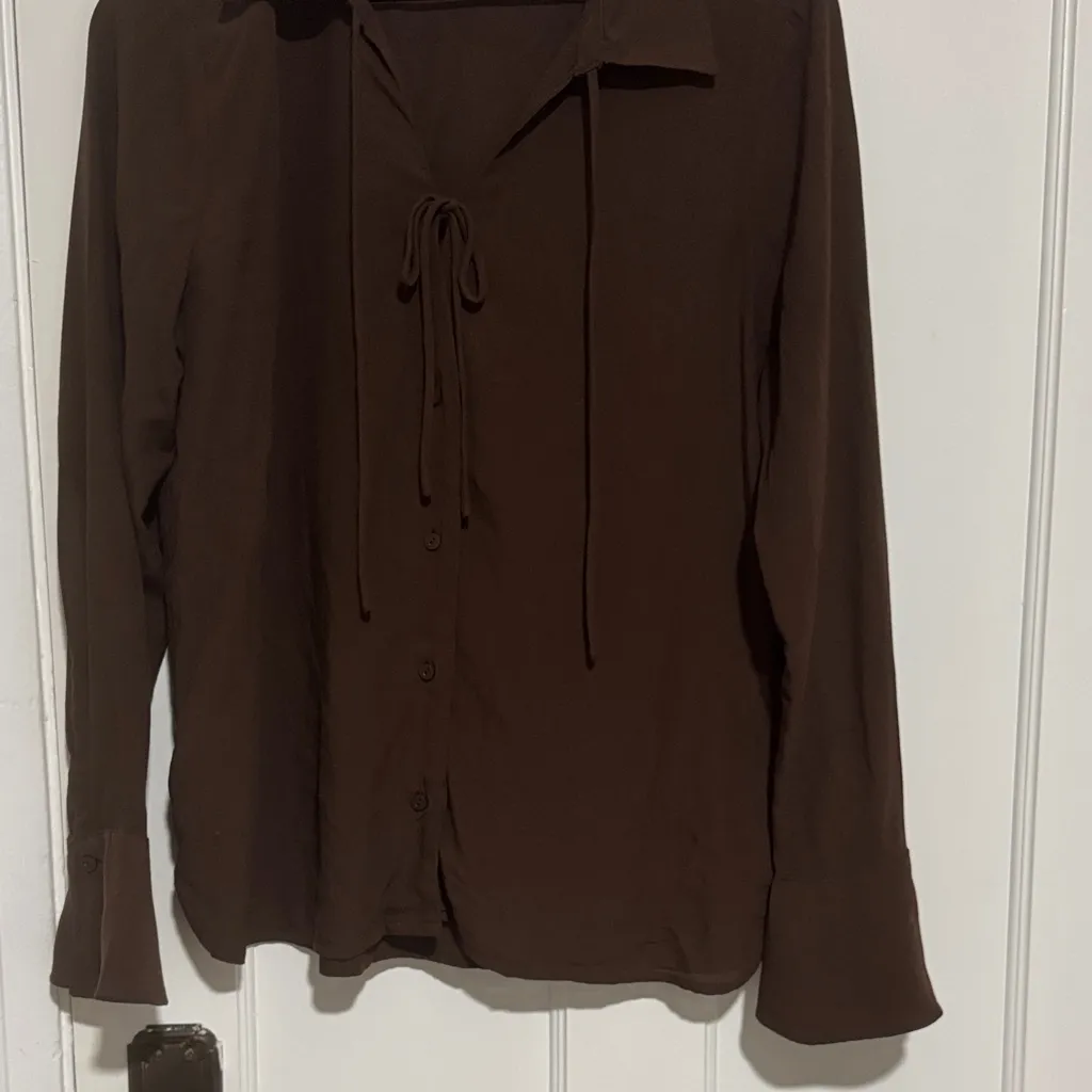 LOFT Chocolate Blouse with Neck Tie - Image 3