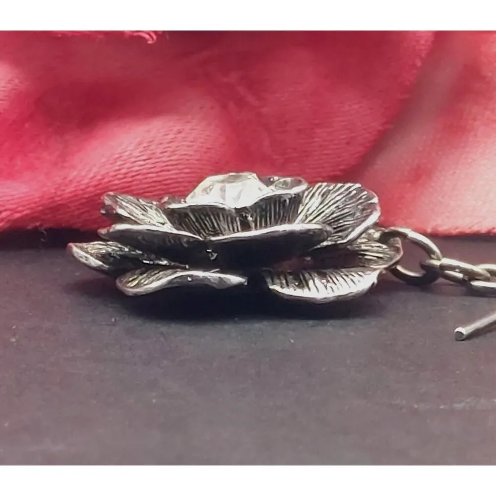 CUTE Premier Design Silver Tone Dangle 3-D Flower Earrings Crystal Centers - Image 5