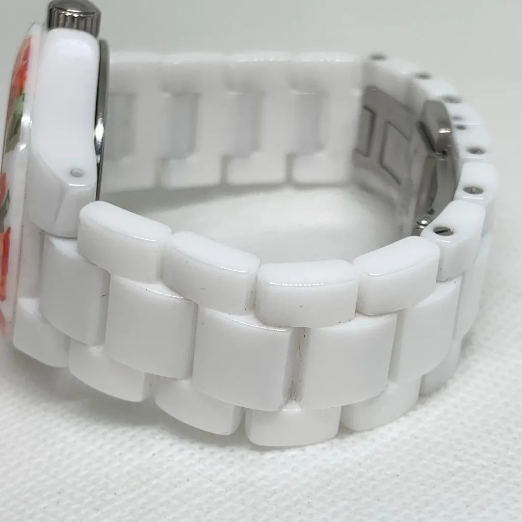 Isaac Mizrahi Live! White Ceramic Watch mop  Dial Floral bezel 35mm running - Image 4