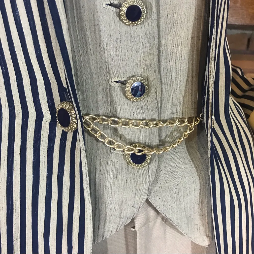 VINTAGE 1980'S DRESS SAVVY BLUE & BEIGE STRIPED BLAZER TOP (10P) - Image 10