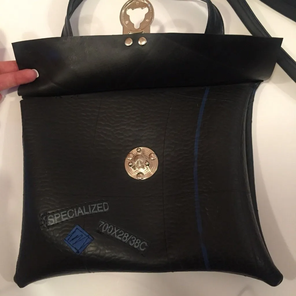 Rubber Crossbody‎ Bag Vault Clasp Flap Black Blue Industrial Unique Purse 10x8.5 - Image 4